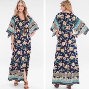 Chico's Navy Floral Imperial Kimono Maxi Dress Size 2.5P, 14P